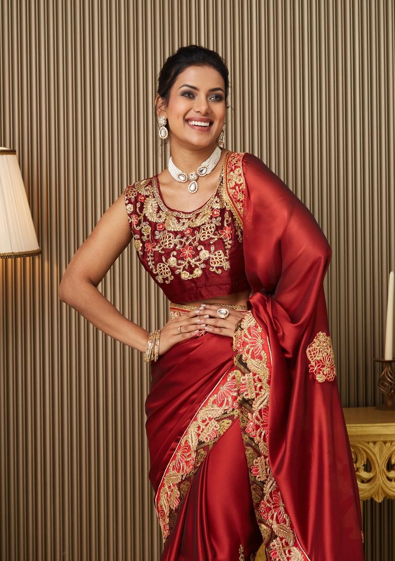 Red Embroidered Satin Saree Set