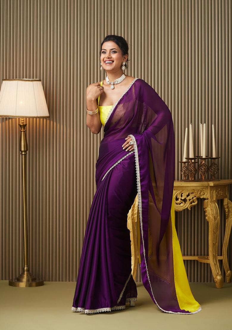 Purple Colourblocked Chiffon Saree Set