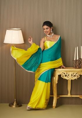 Teal Blue Colourblocked Chiffon Saree Set