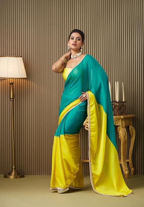 Teal Blue Colourblocked Chiffon Saree Set