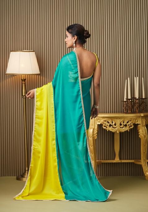Teal Blue Colourblocked Chiffon Saree Set