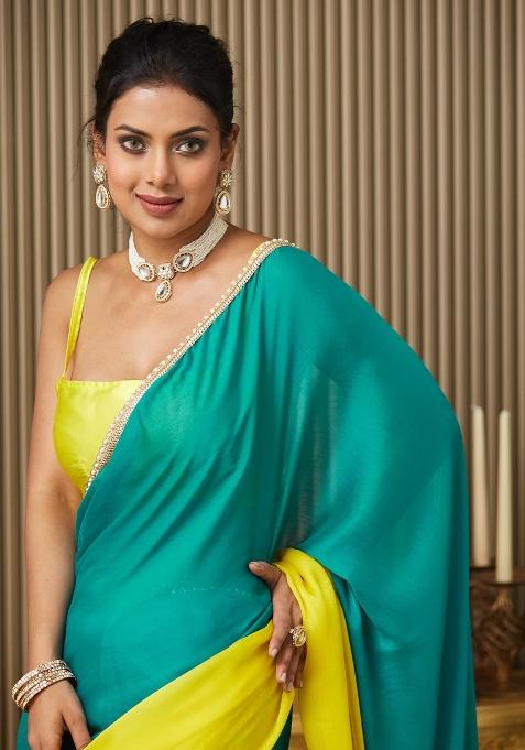 Teal Blue Colourblocked Chiffon Saree Set