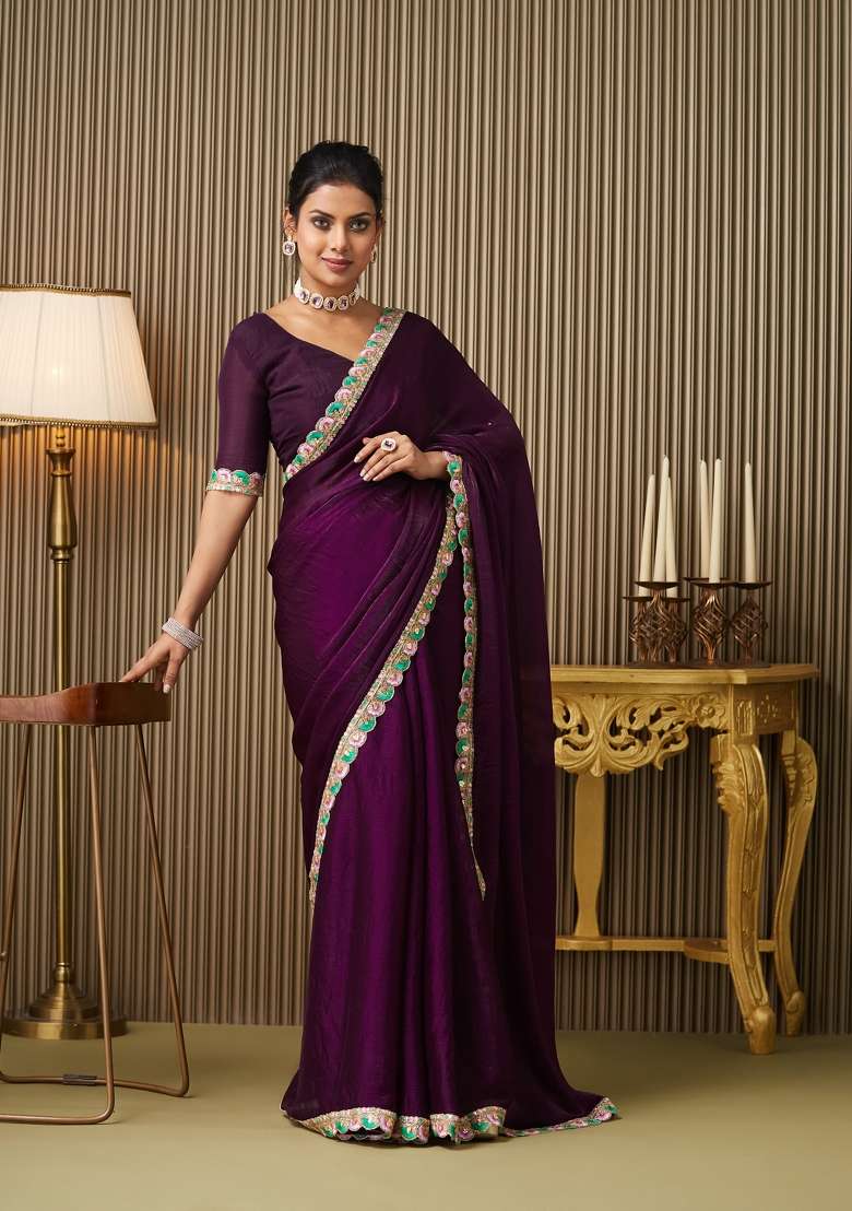 Purple Embellished Chiffon Saree Set - Indya