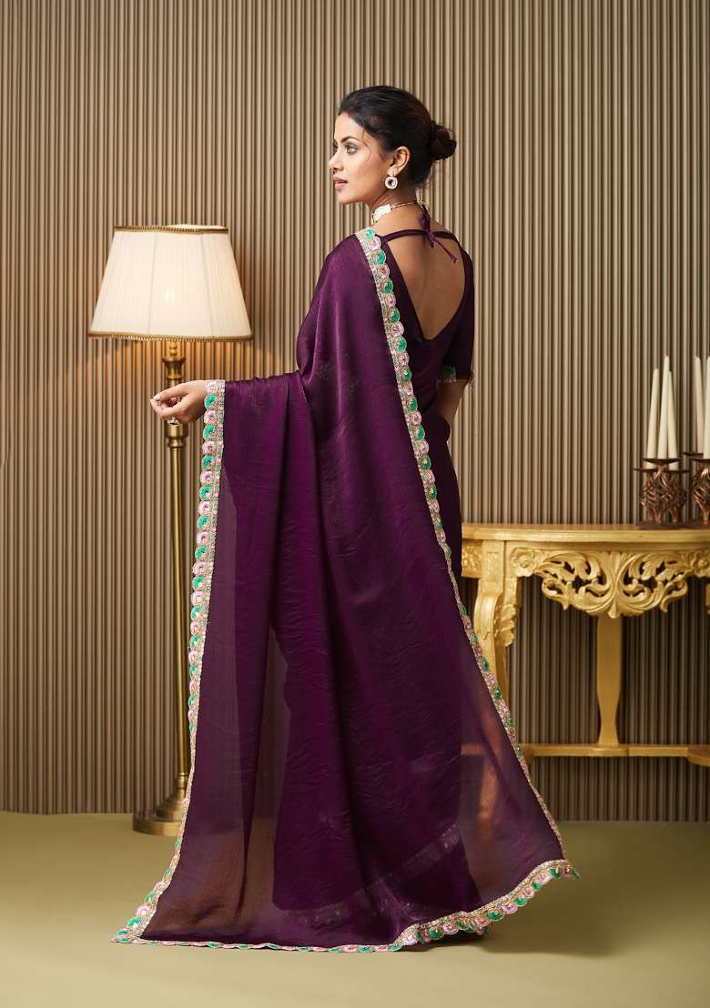 Purple Embellished Chiffon Saree Set - Indya