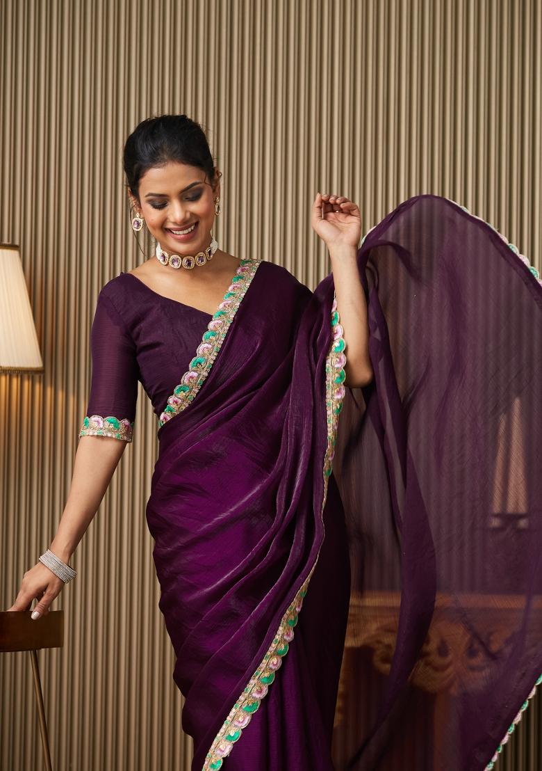 Purple Embellished Chiffon Saree Set