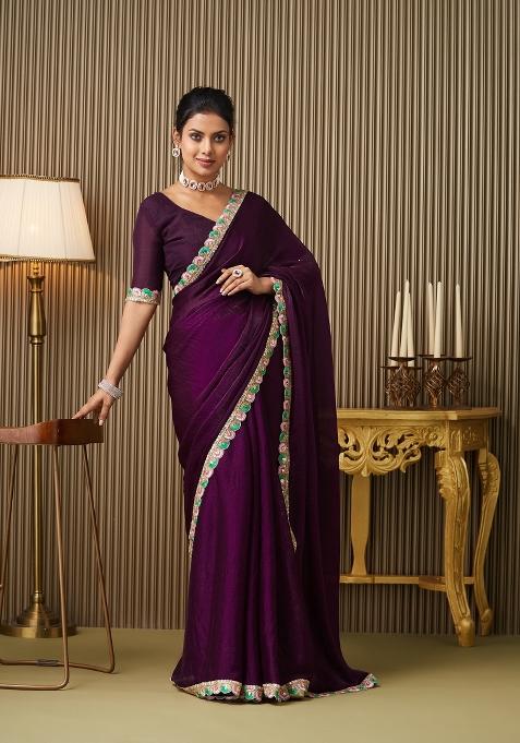 Purple Embellished Chiffon Saree Set