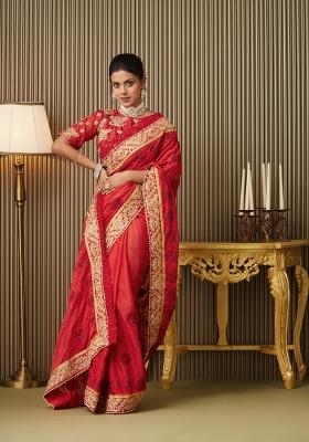 Red Embroidered Satin Saree Set