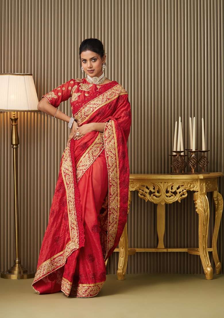Red Embroidered Satin Saree Set - Indya