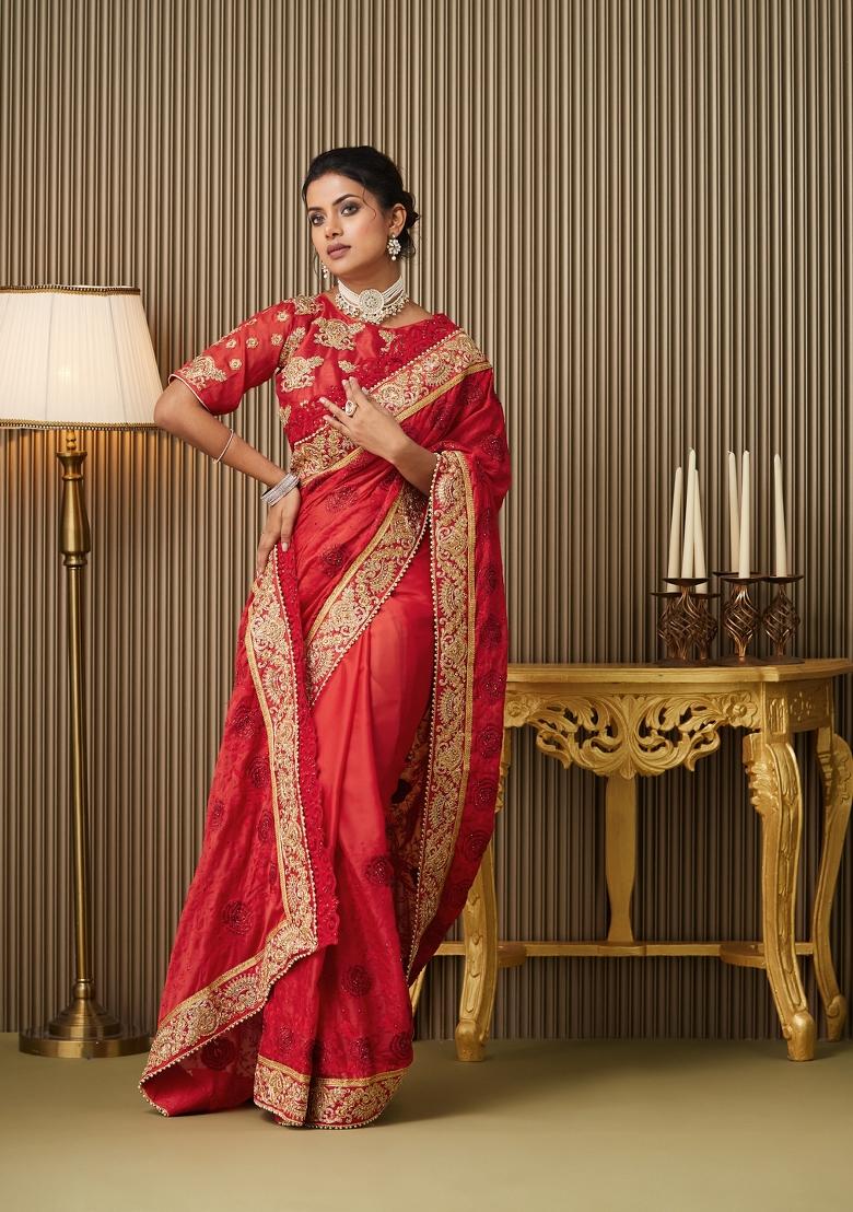 Red Embroidered Satin Saree Set