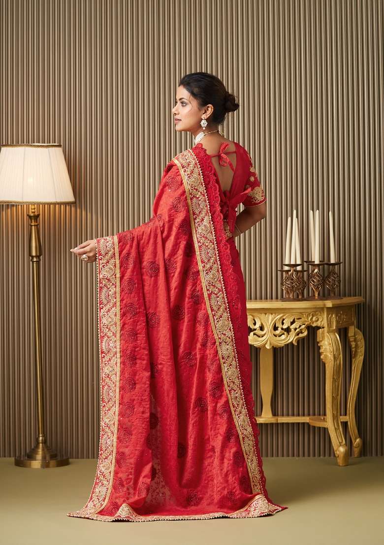 Red Embroidered Satin Saree Set - Indya