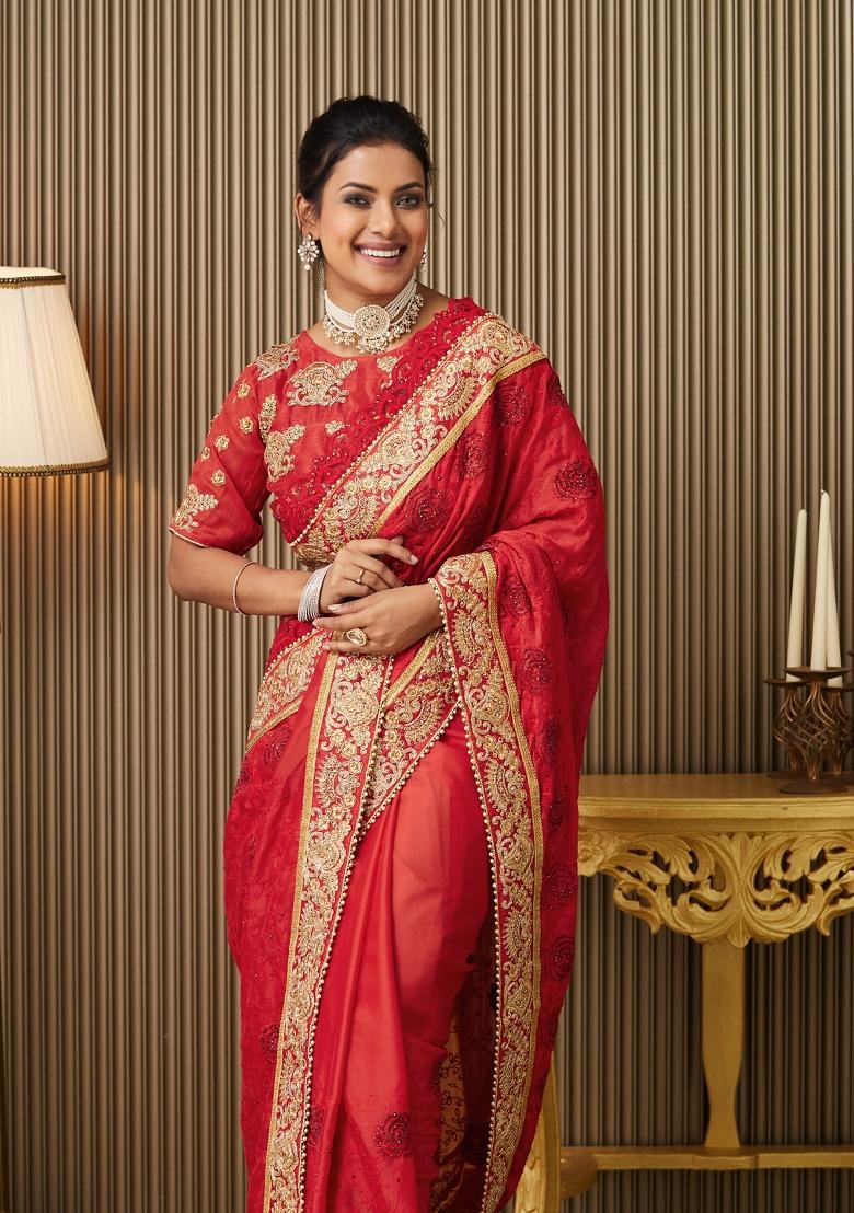 Red Embroidered Satin Saree Set