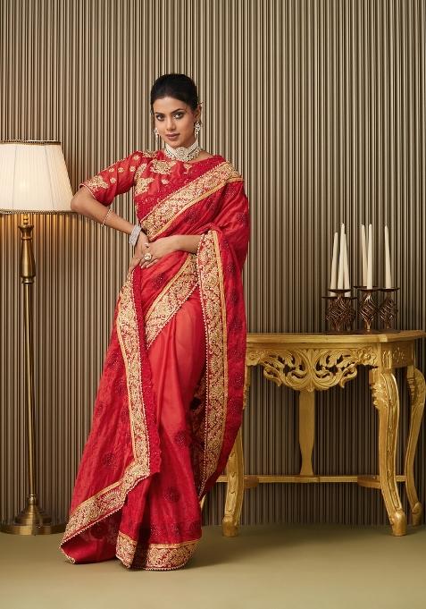 Red Embroidered Satin Saree Set
