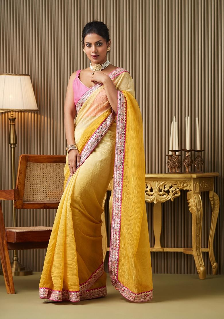 Yellow Embroidered Chiffon Saree Set