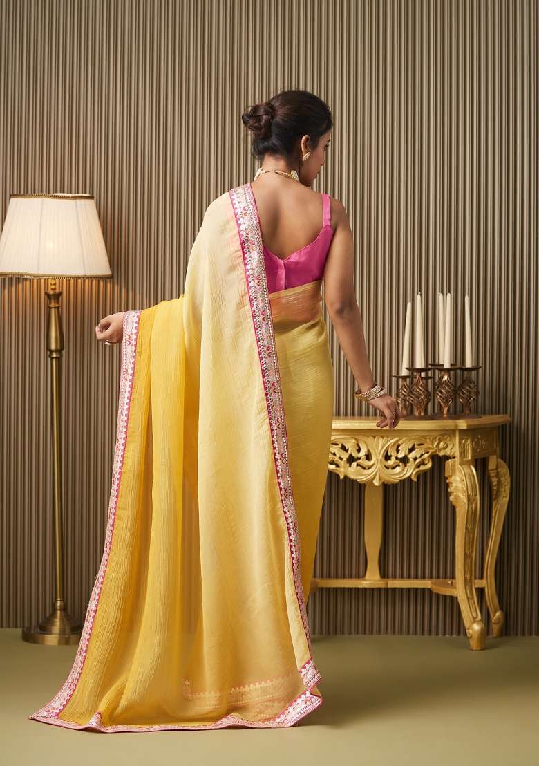 Yellow Embroidered Chiffon Saree Set - Indya