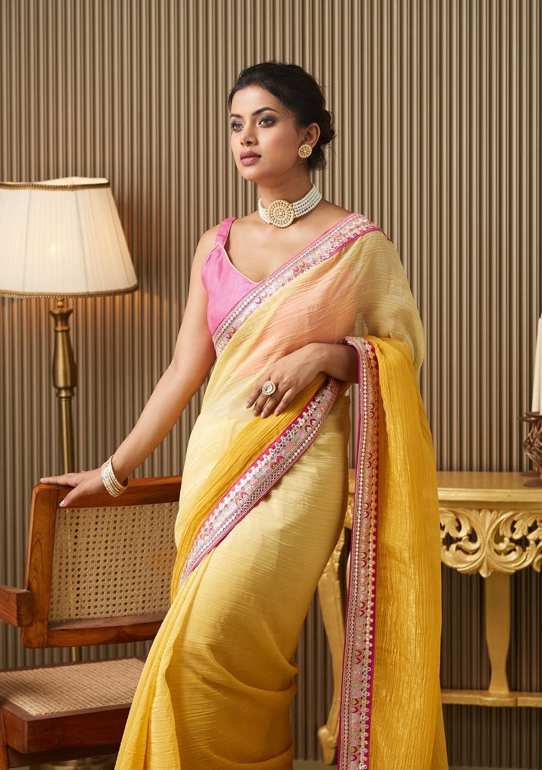 Yellow Embroidered Chiffon Saree Set