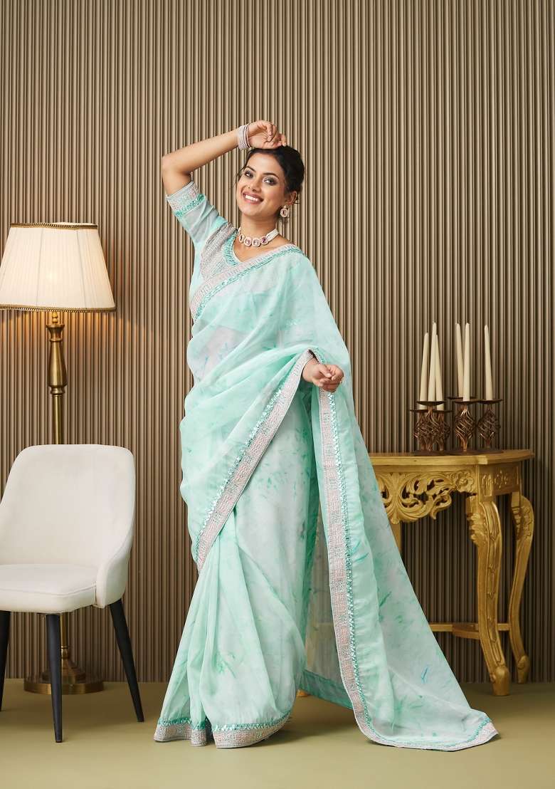 Turquoise Blue Embroidered Organza Saree Set - Indya