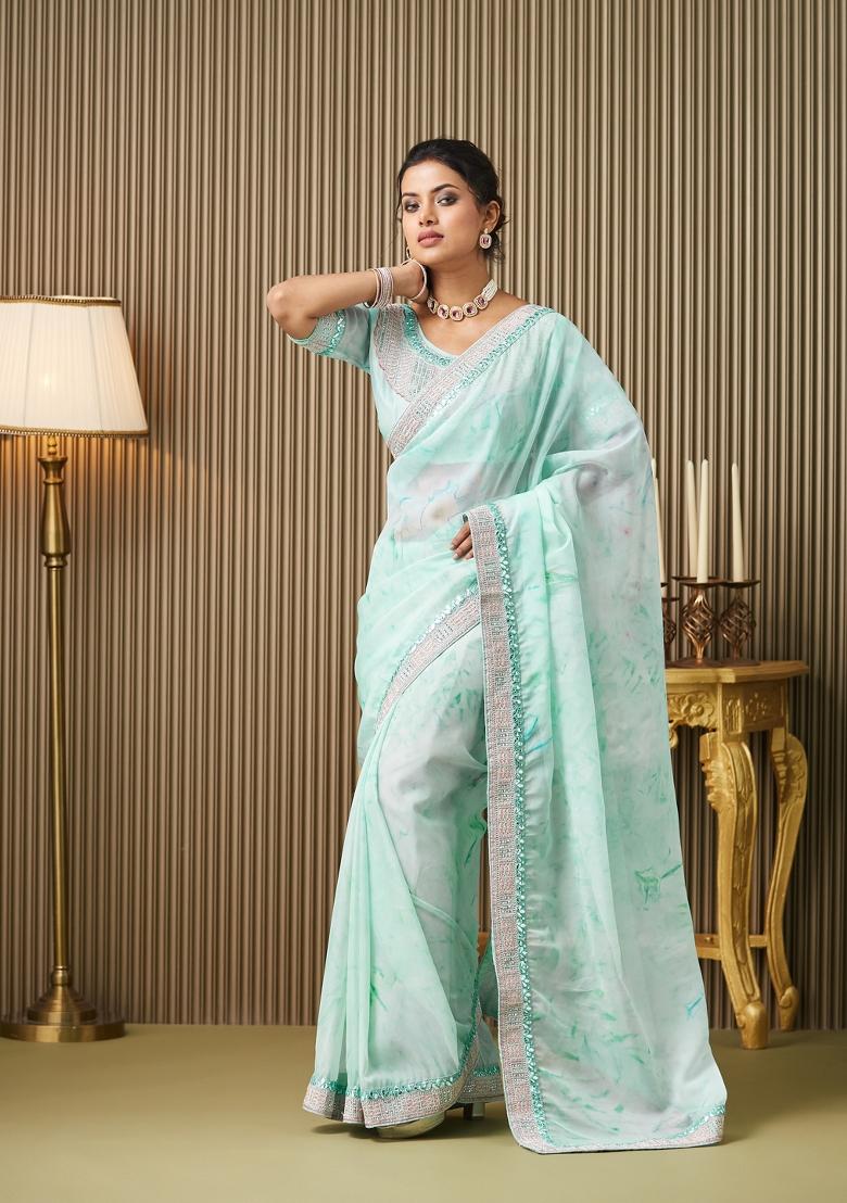 Turquoise Blue Embroidered Organza Saree Set