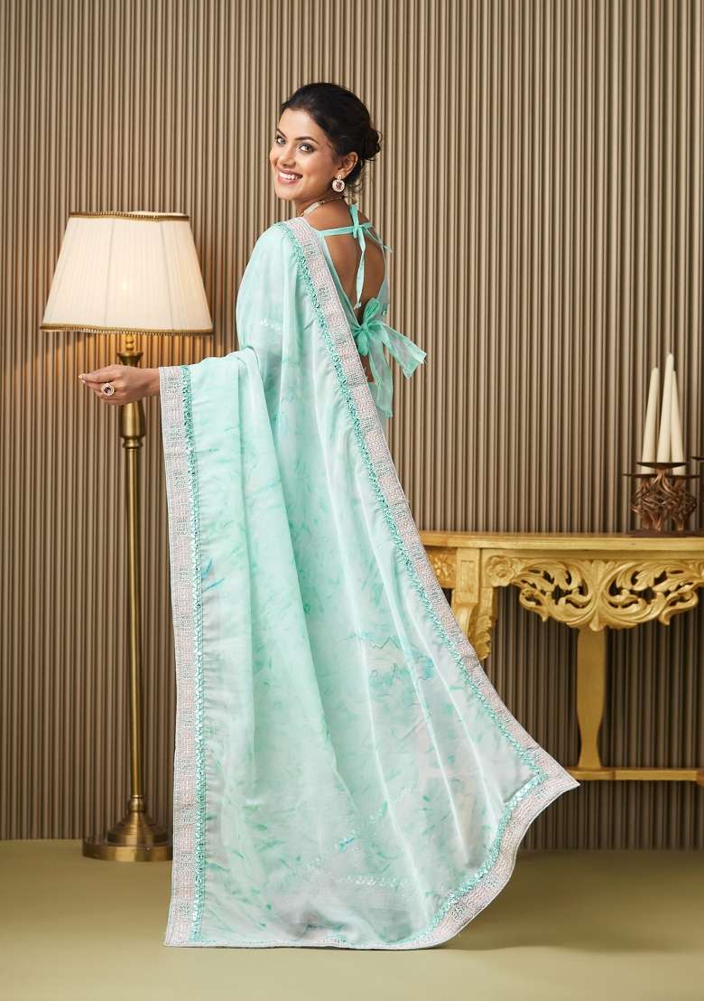 Turquoise Blue Embroidered Organza Saree Set - Indya