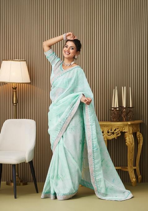 Turquoise Blue Embroidered Organza Saree Set