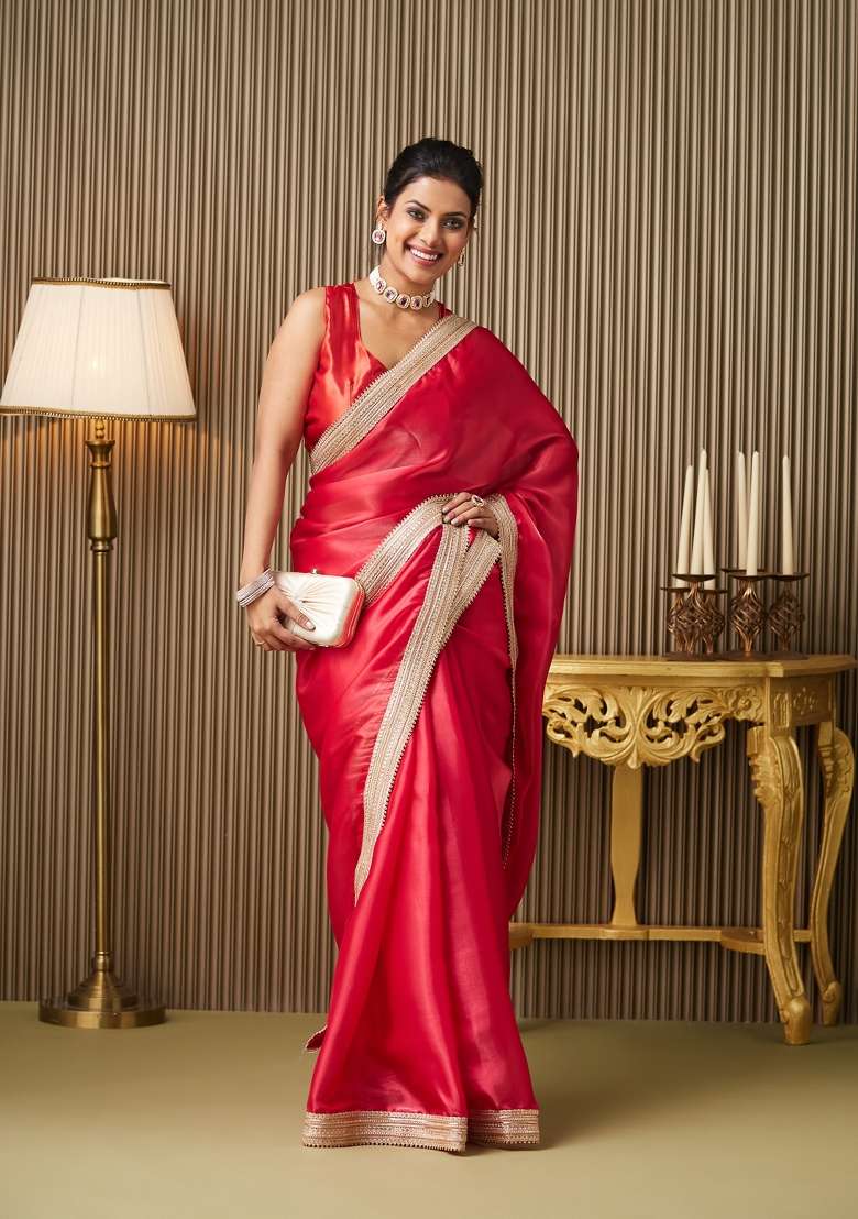Red Embellished Organza Saree Set - Indya