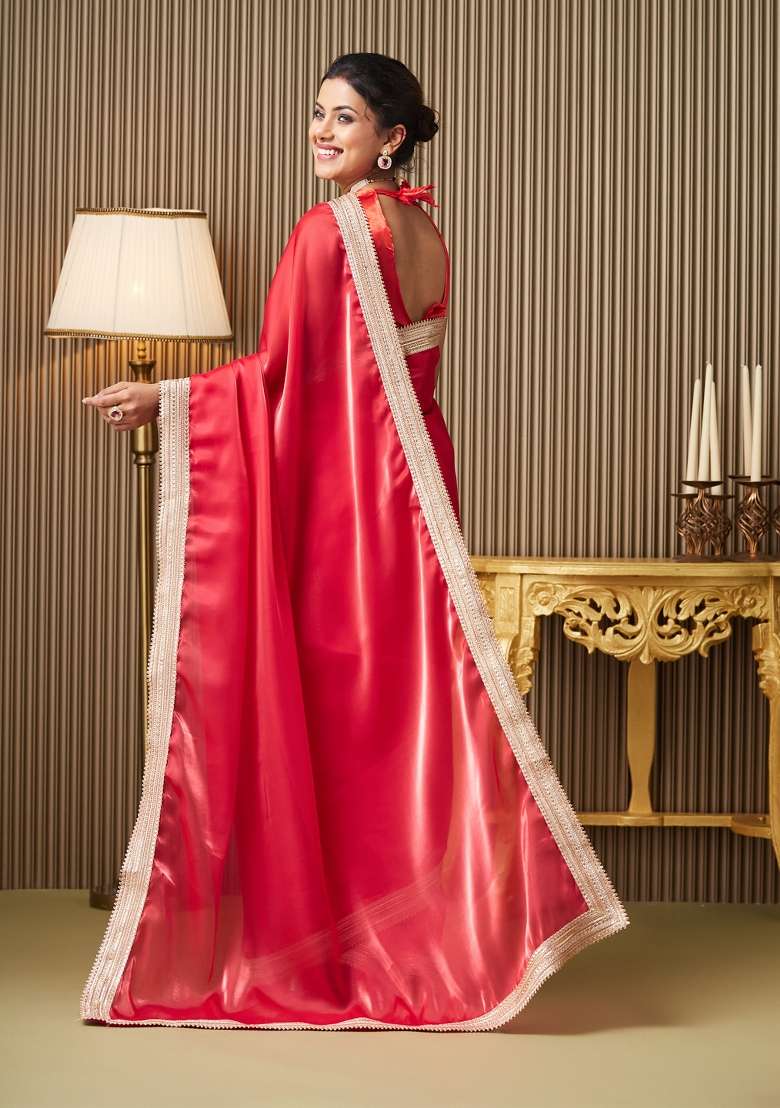 Red Embellished Organza Saree Set - Indya