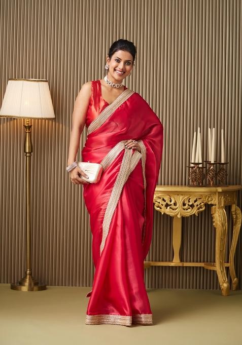 Red Embellished Organza Saree Set