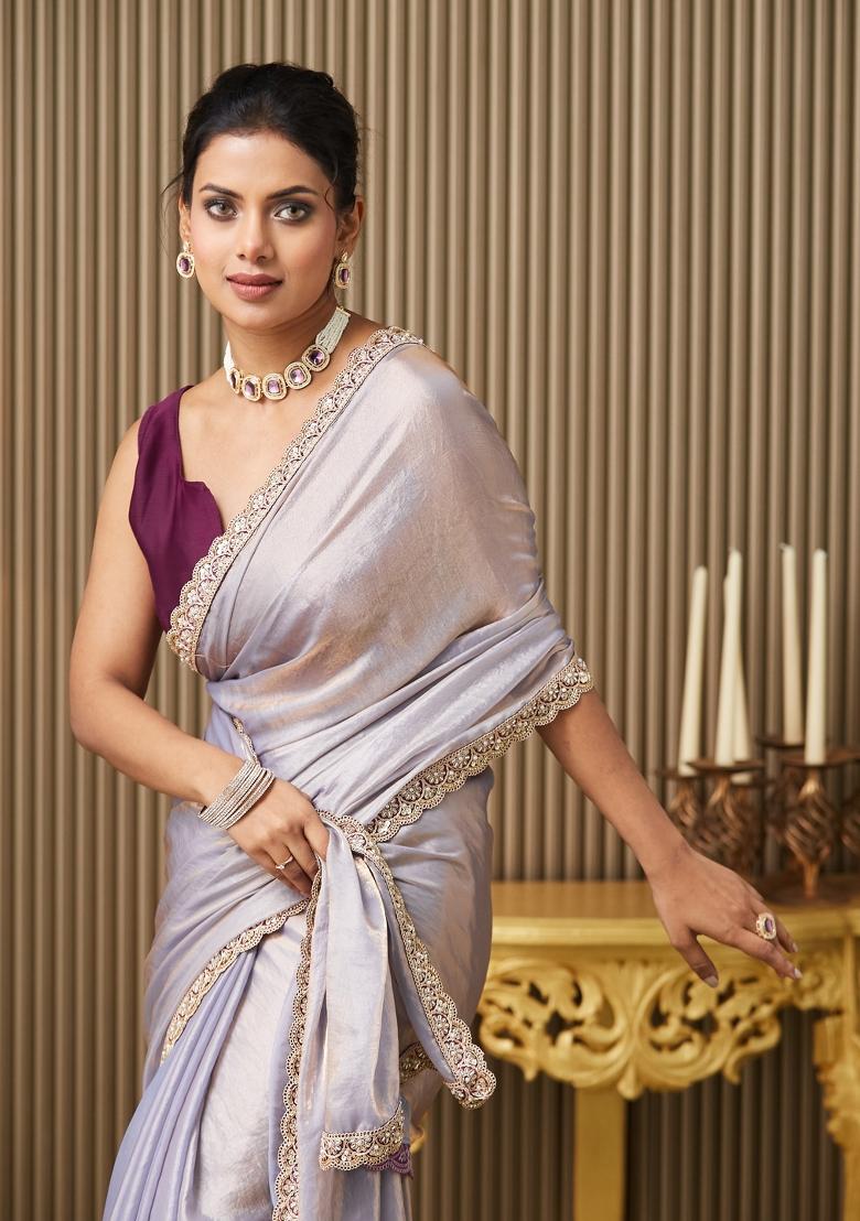 Lavender Embroidered Satin Saree Set