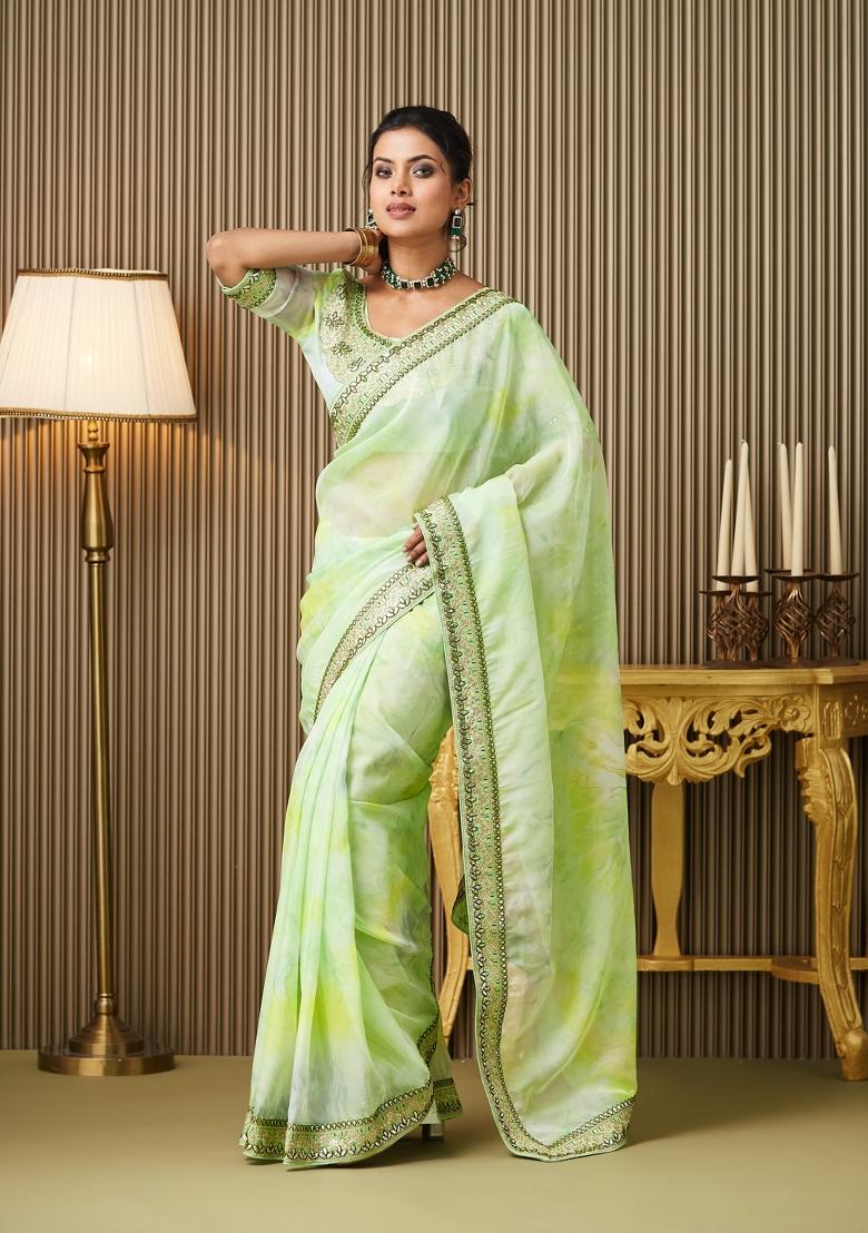 Green Embroidered Organza Saree Set