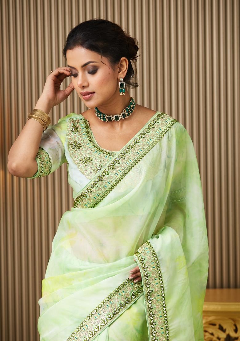 Green Embroidered Organza Saree Set