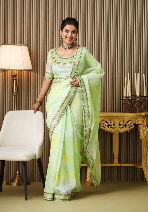 Green Embroidered Organza Saree Set