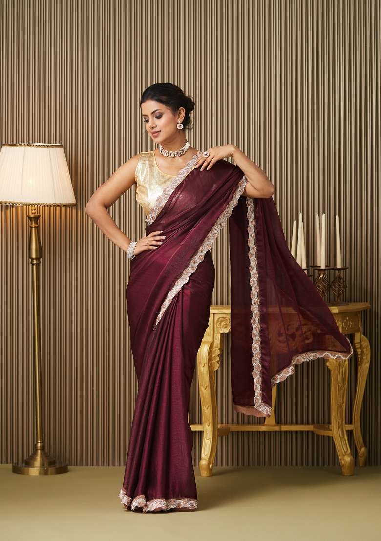 Maroon Embellished Chiffon Saree Set - Indya