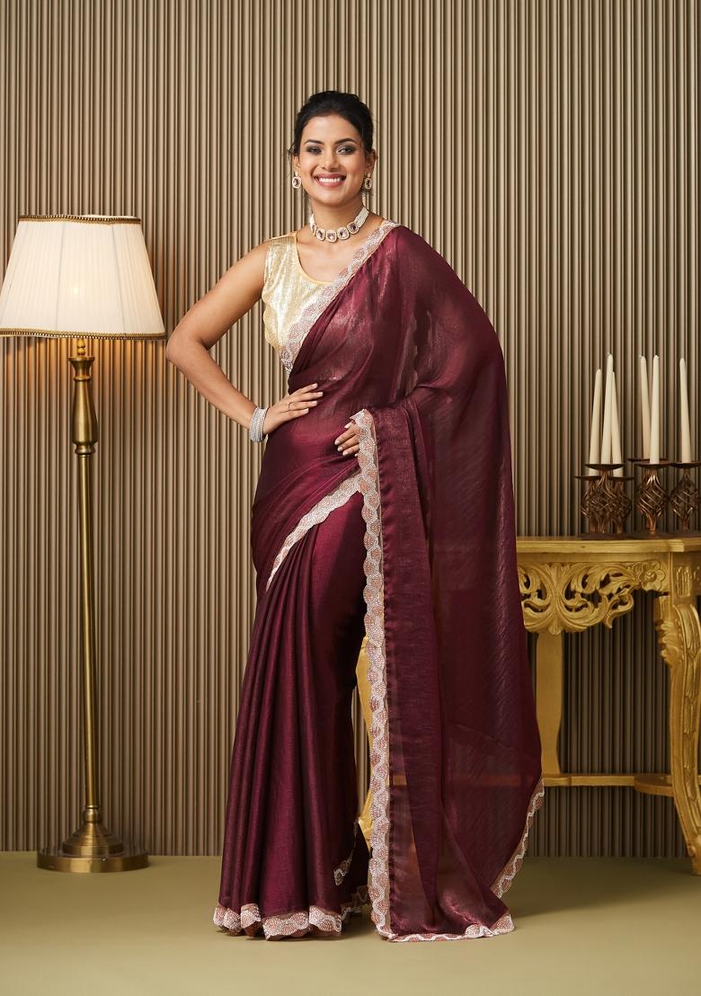 Maroon Embellished Chiffon Saree Set