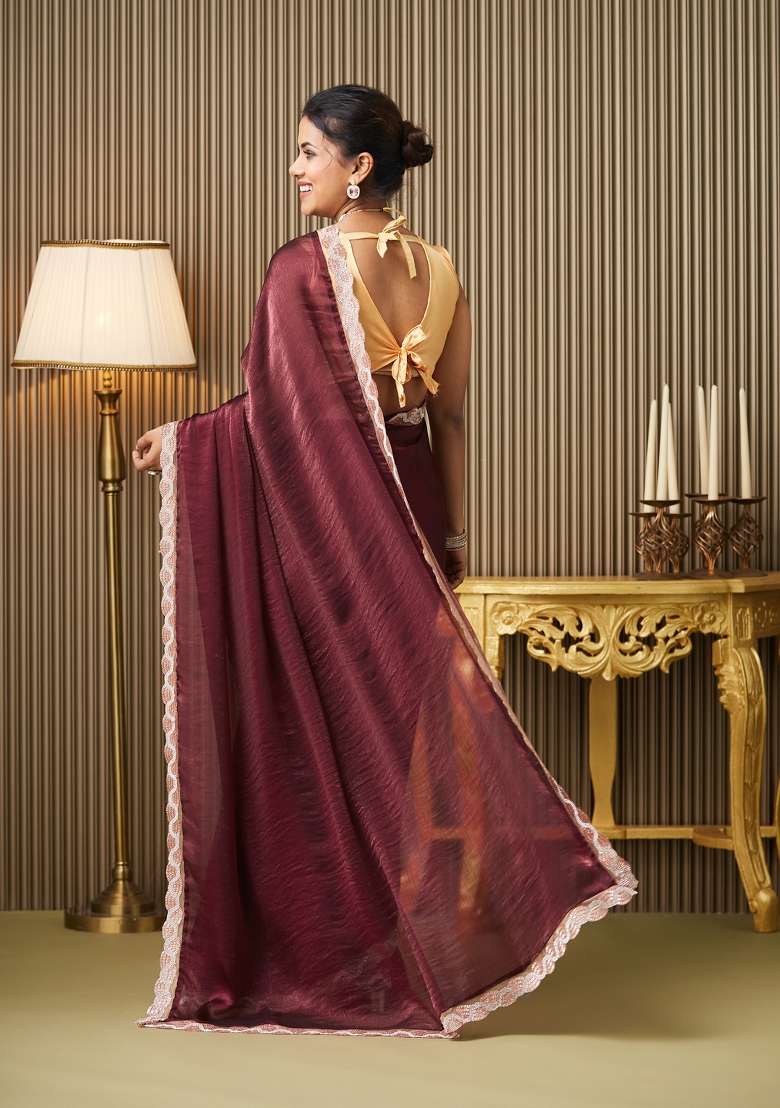 Maroon Embellished Chiffon Saree Set - Indya