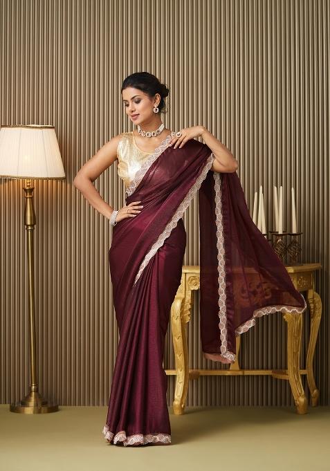 Maroon Embellished Chiffon Saree Set