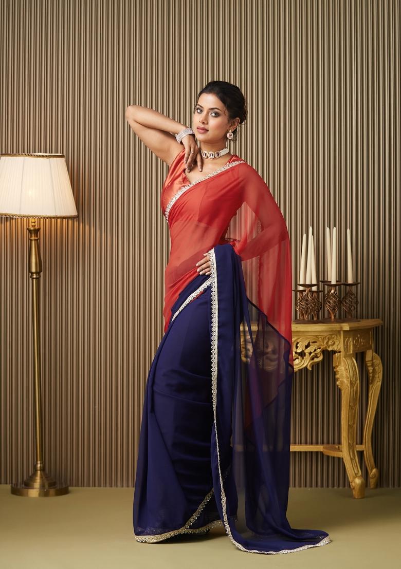 Navy Blue Colourblocked Chiffon Saree Set