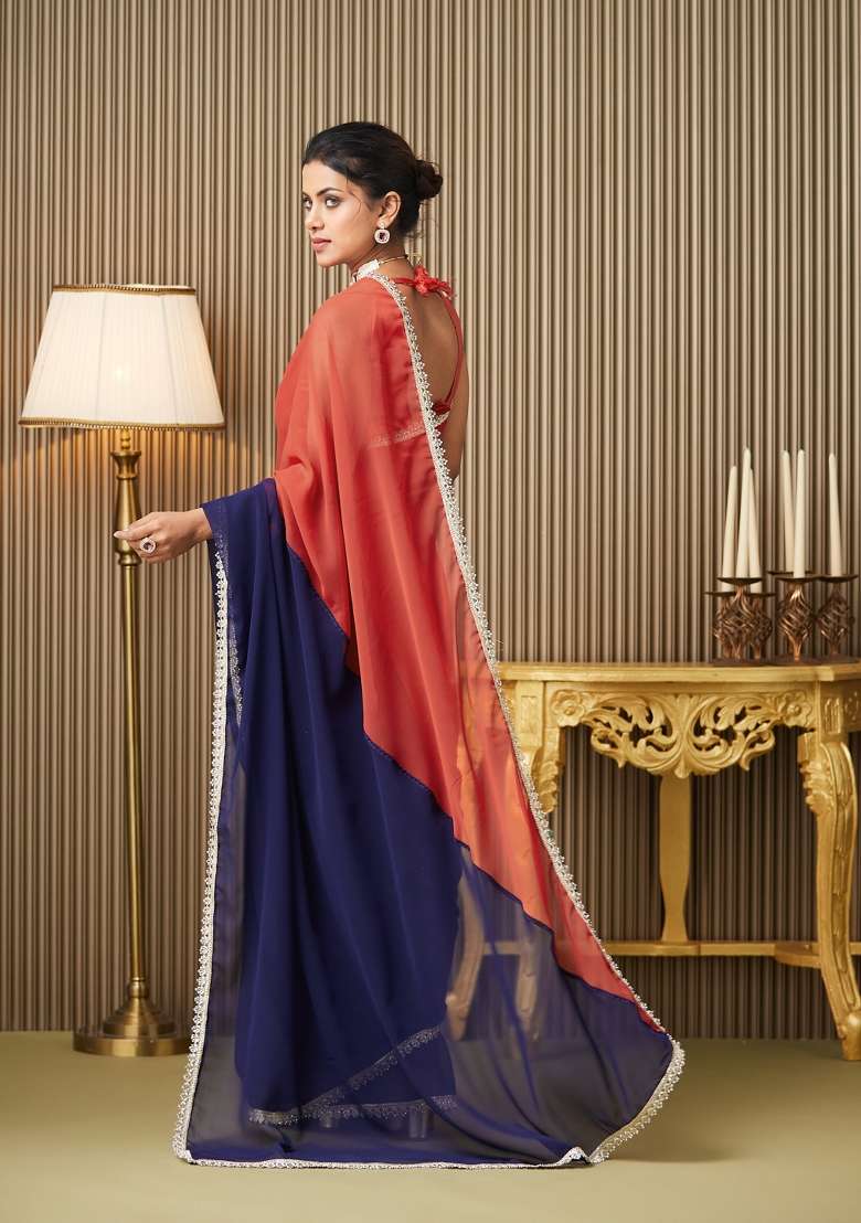 Navy Blue Colourblocked Chiffon Saree Set - Indya