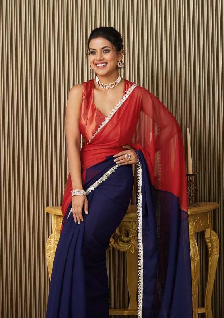Navy Blue Colourblocked Chiffon Saree Set