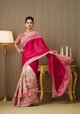Red Embroidered Satin Saree Set