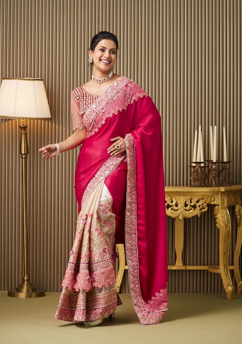 Red Embroidered Satin Saree Set