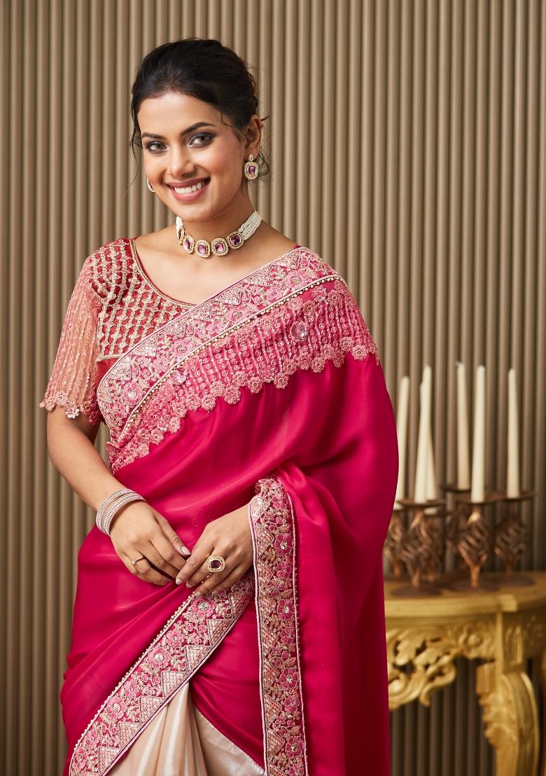 Red Embroidered Satin Saree Set