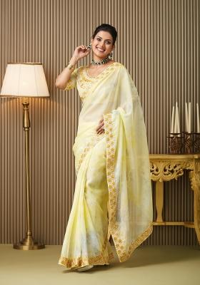 Yellow Embroidered Organza Saree Set