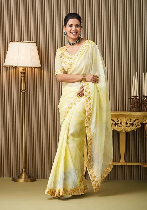 Yellow Embroidered Organza Saree Set