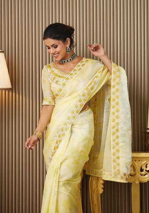 Yellow Embroidered Organza Saree Set