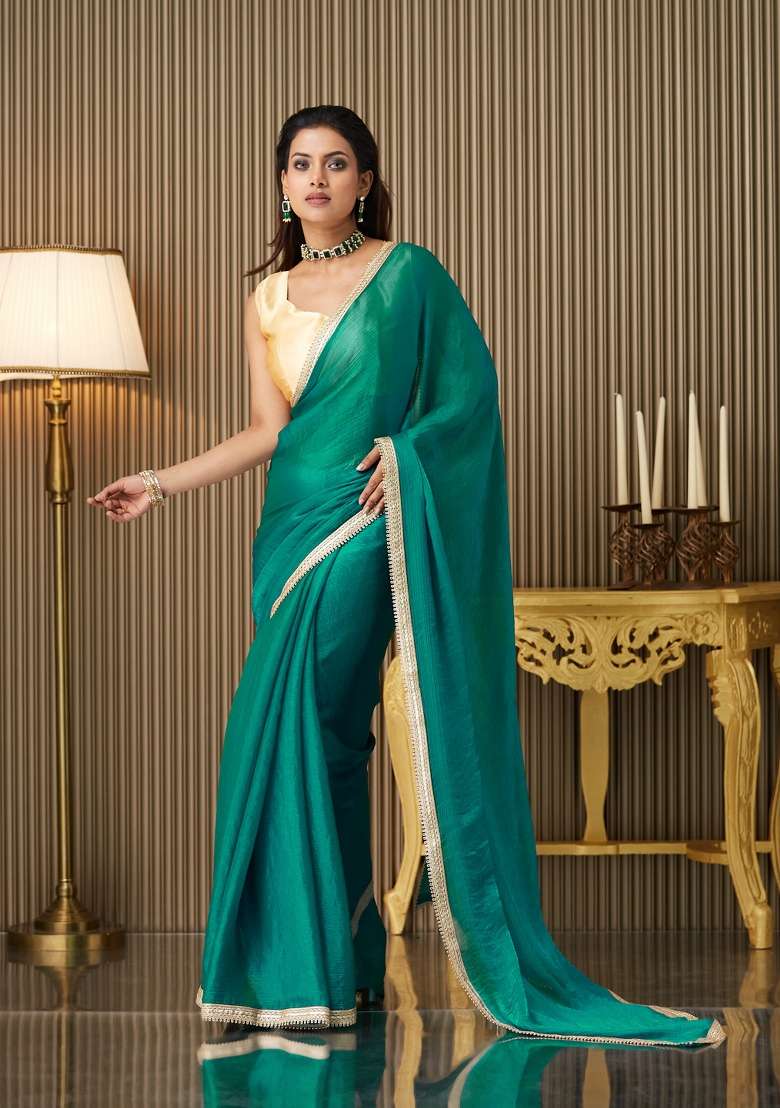 Green Solid Chiffon Saree Set - Indya