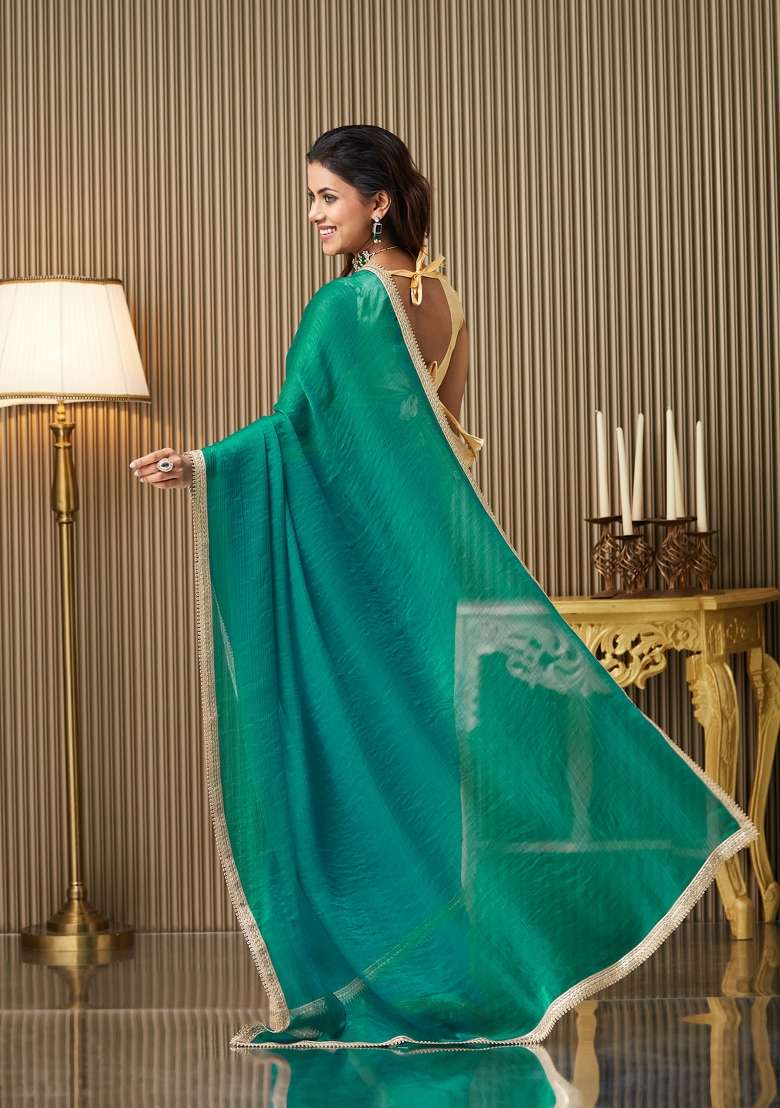 Green Solid Chiffon Saree Set - Indya