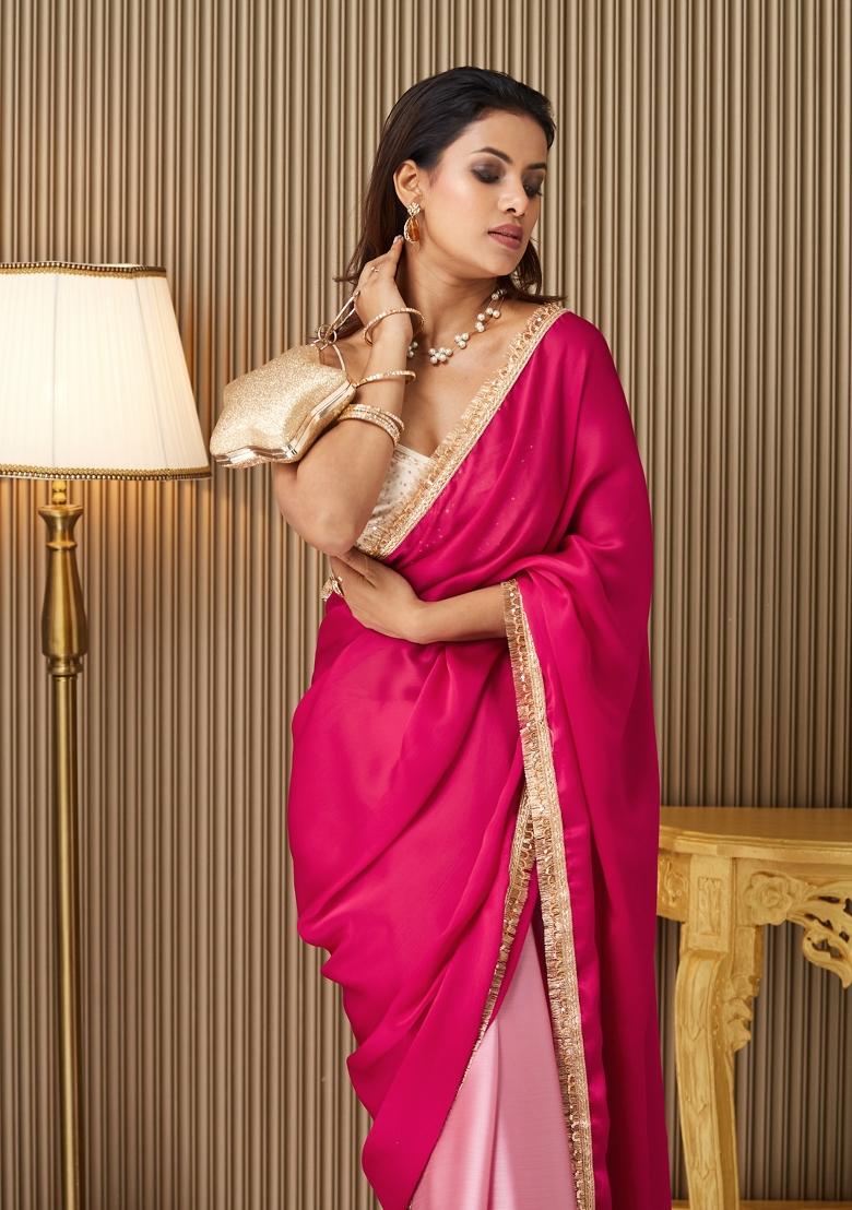 Red Colourblocked Chiffon Saree Set