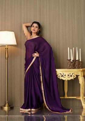 Purple Solid Satin Saree Set