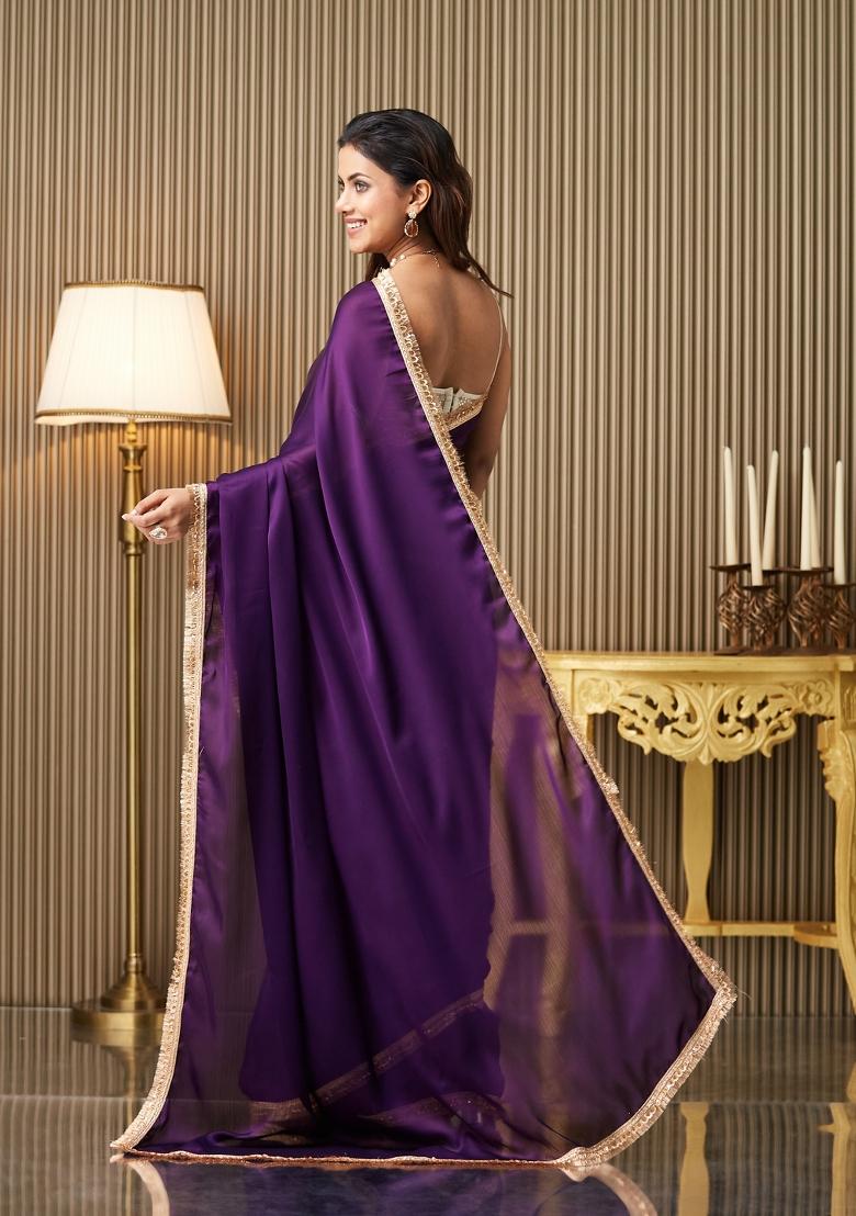Purple Solid Satin Saree Set