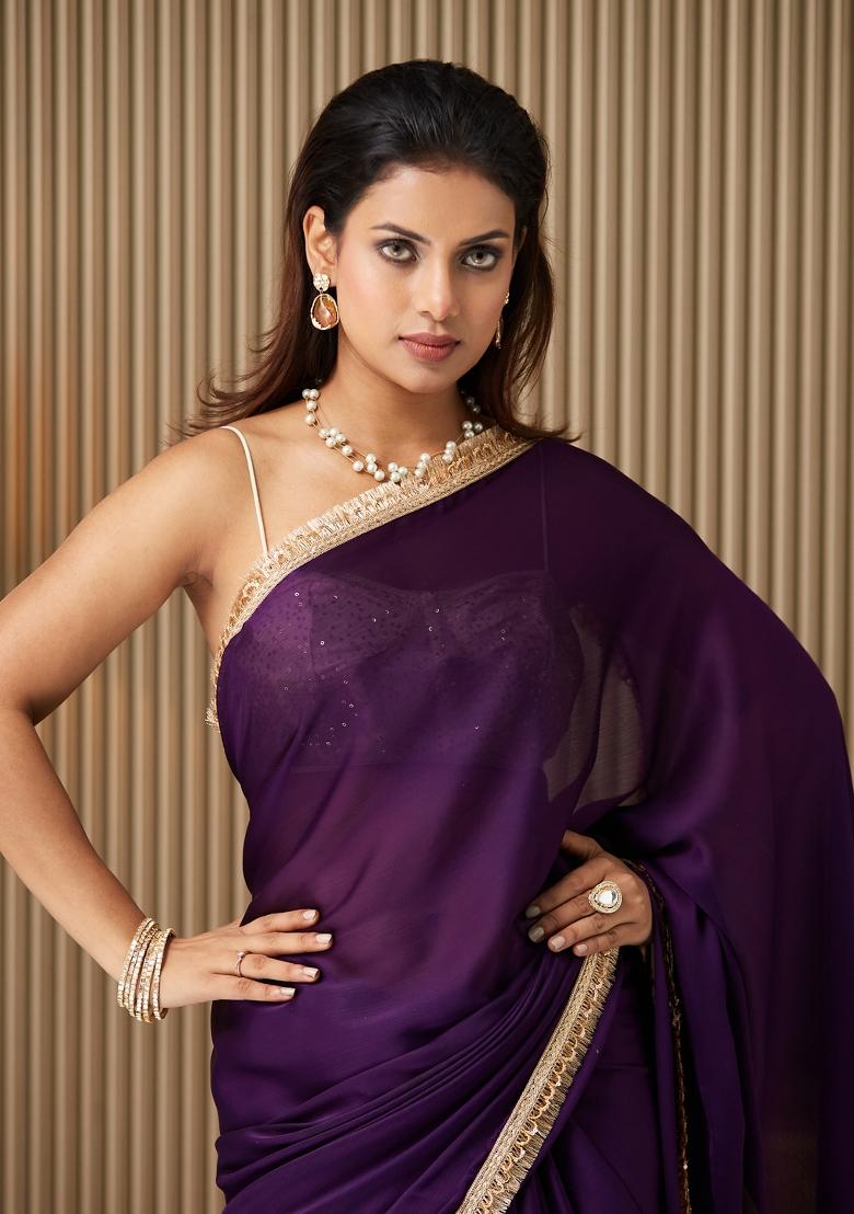 Purple Solid Satin Saree Set