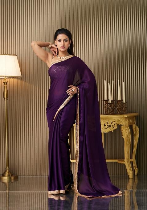 Purple Solid Satin Saree Set